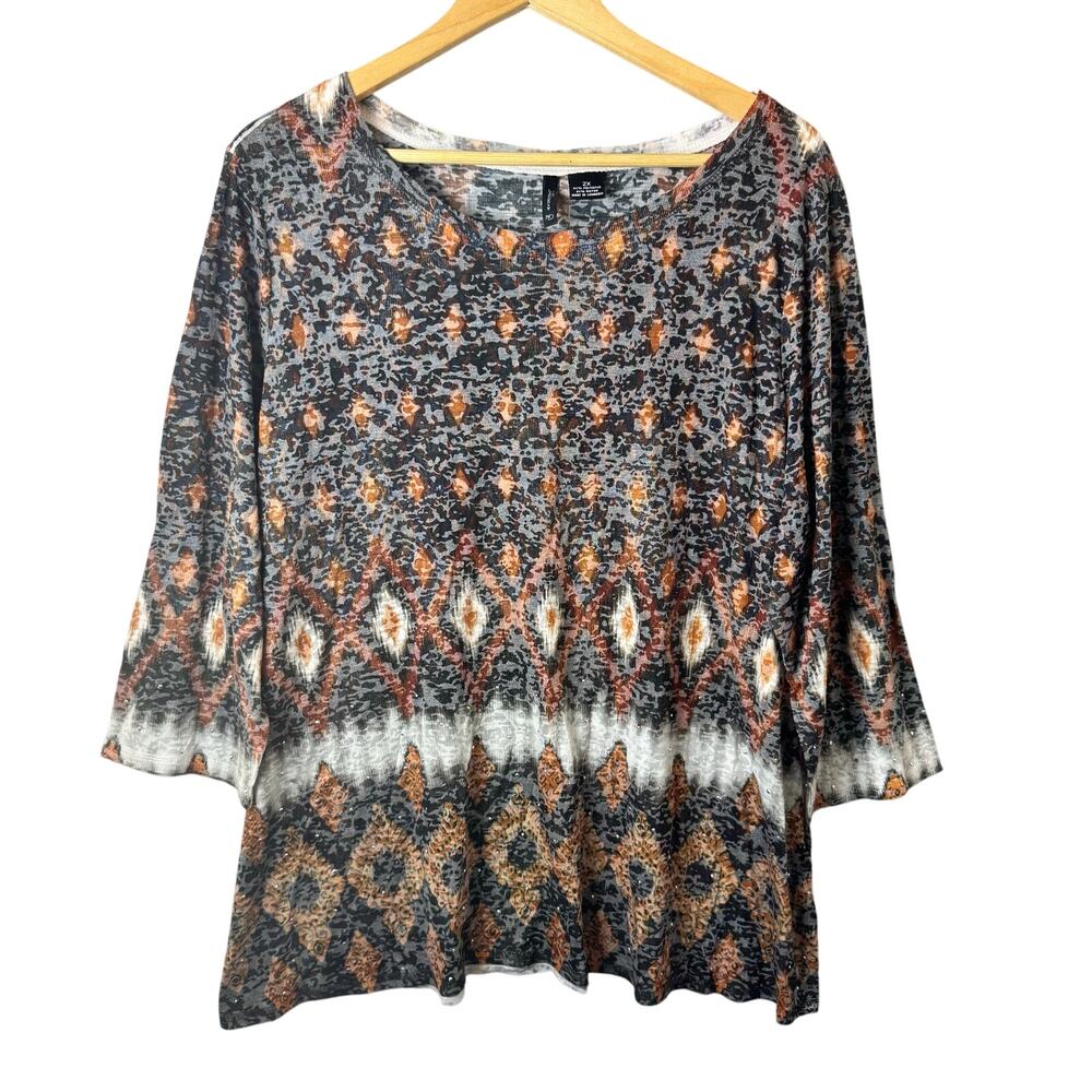 New Directions Curvy Studded Burn Out Top Women’s Plus Size 2X Black Brown y2k